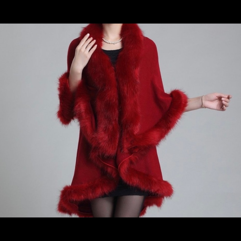Red Faux Fur Shawl Cardigan